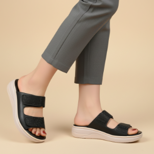 Black sandals worn with gray pants on a beige background