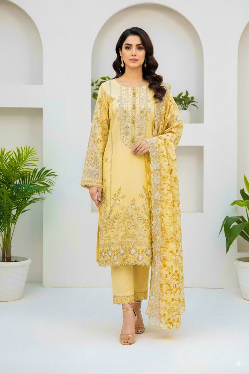 Woman in a yellow embroidered outfit standing in a white architectural setting with plants.