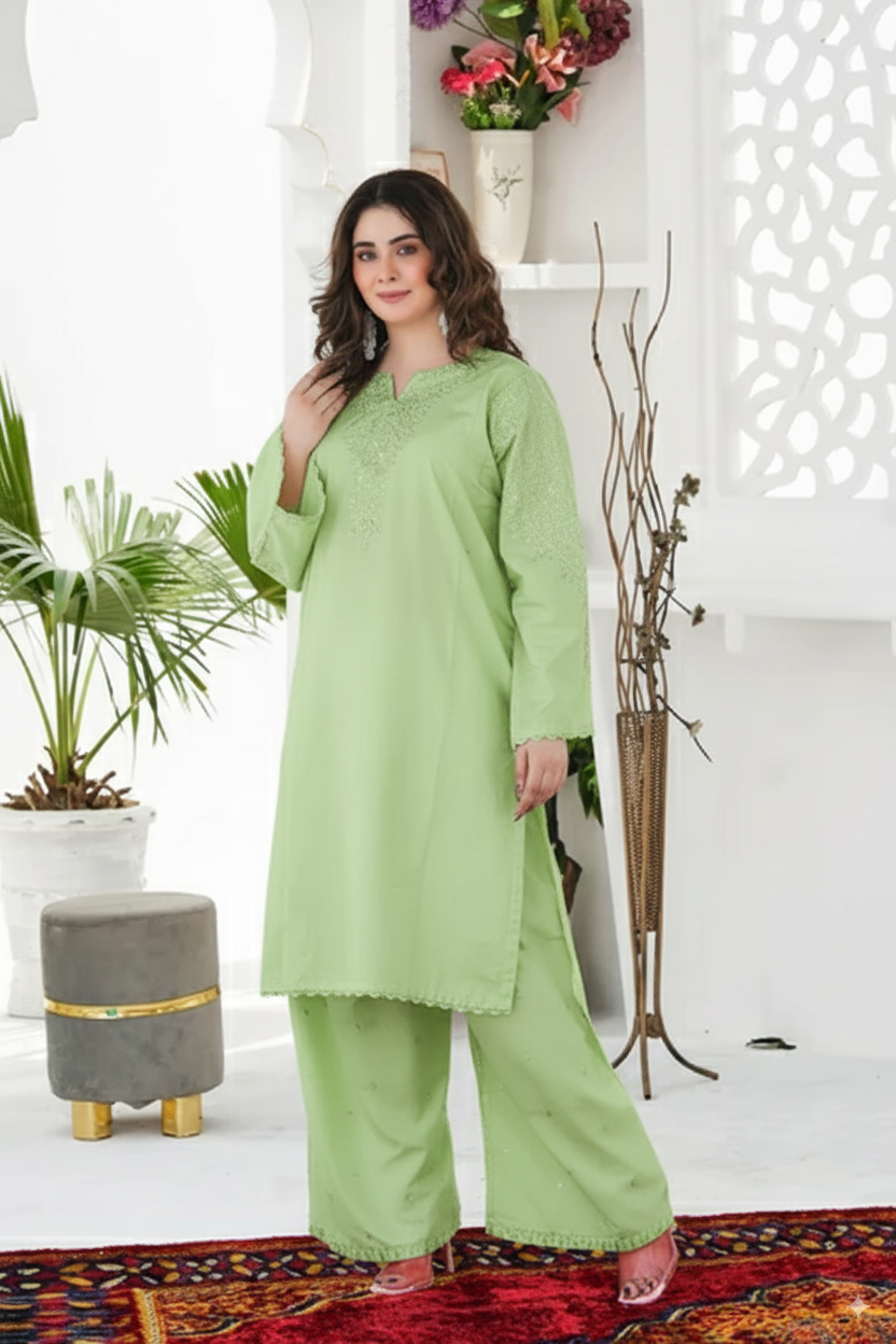 Woman wearing a light green traditional outfit in a decorated room with plants and flowers.