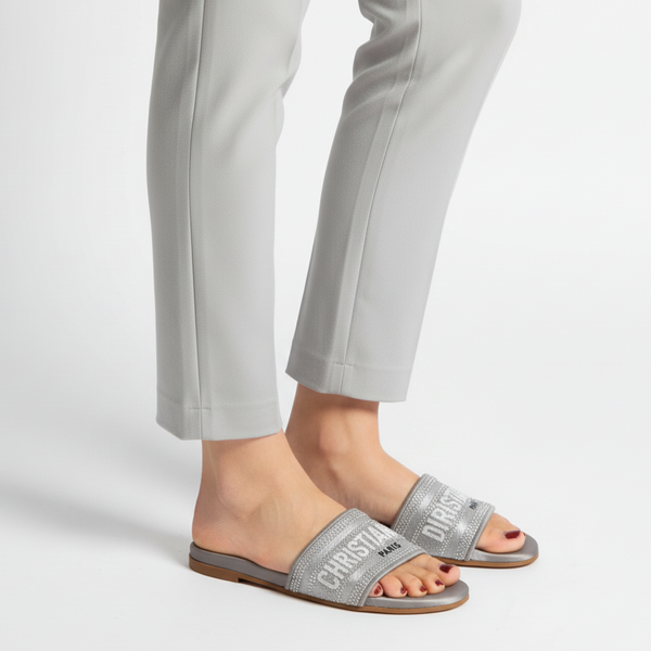 Gray slides with brand name on a white background