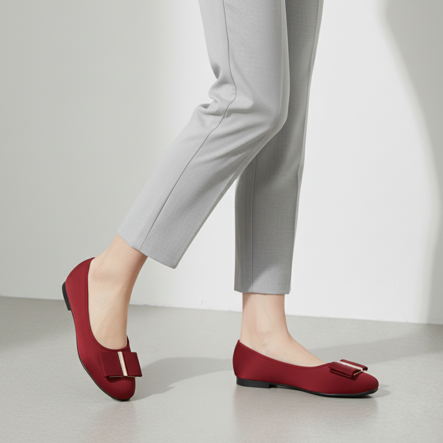 Red flats worn with gray pants on a plain background
