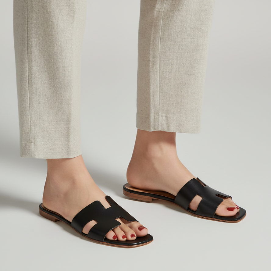 Black sandals worn with beige pants on a plain background