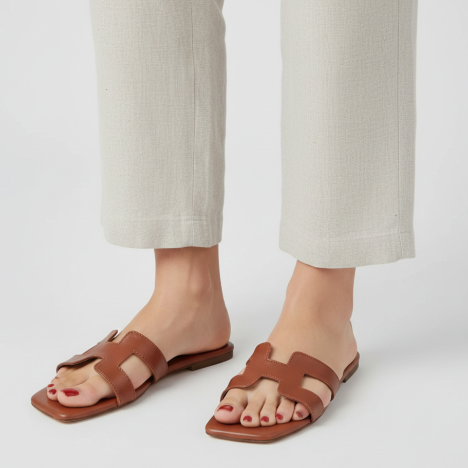 Brown sandals worn with light-colored pants on a white background
