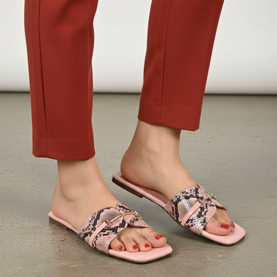 Pink sandals with snake print worn by a person in red pants on a neutral background