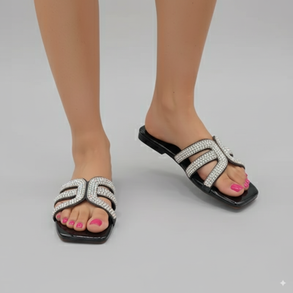 Black sandals with white embellishments worn by a person on a gray background