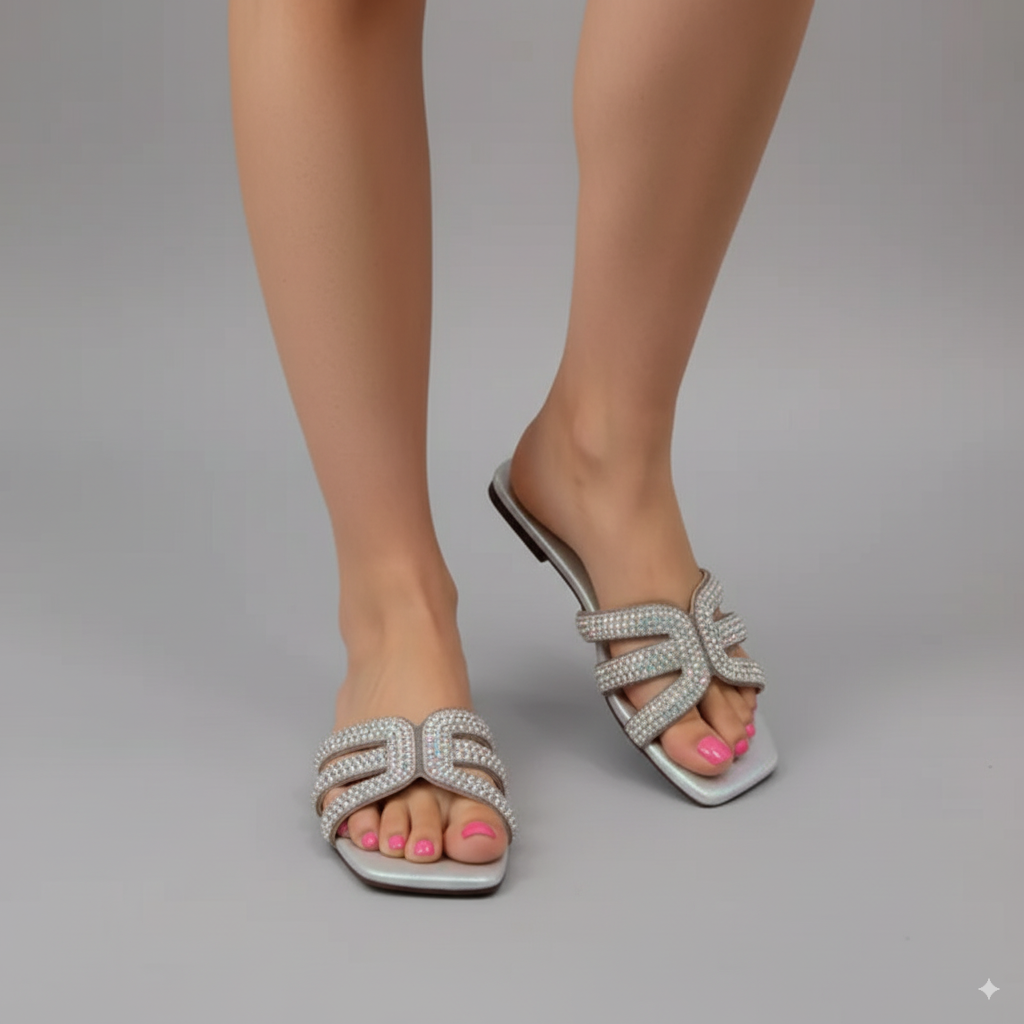 Silver embellished sandals worn by a person on a gray background