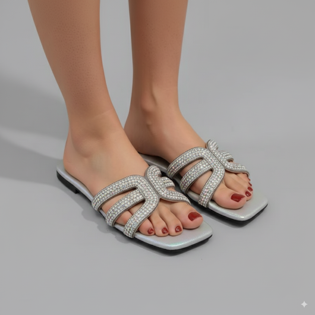 Silver embellished sandals worn by a person on a gray background