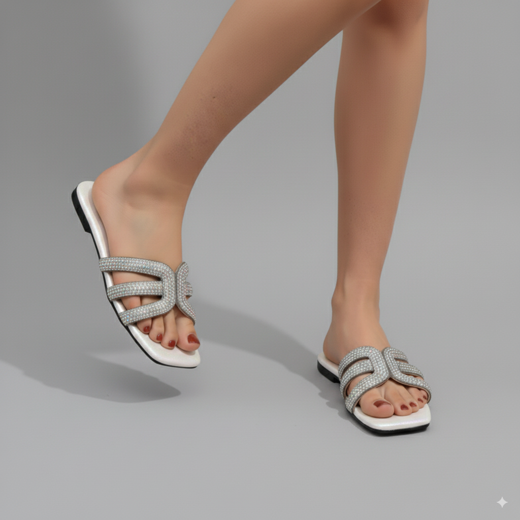 Silver sandals with a geometric strap design worn by a person on a gray background
