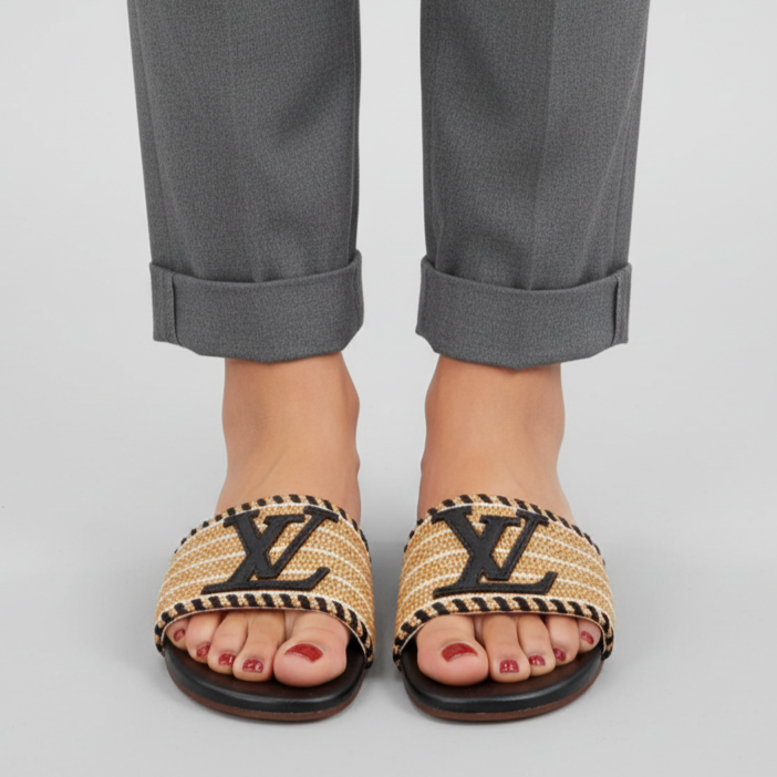 Person wearing woven sandals with a brand logo on a plain background