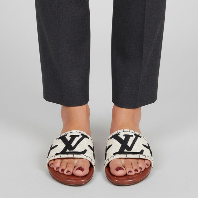 Person wearing black pants and Louis Vuitton slides on a light gray background