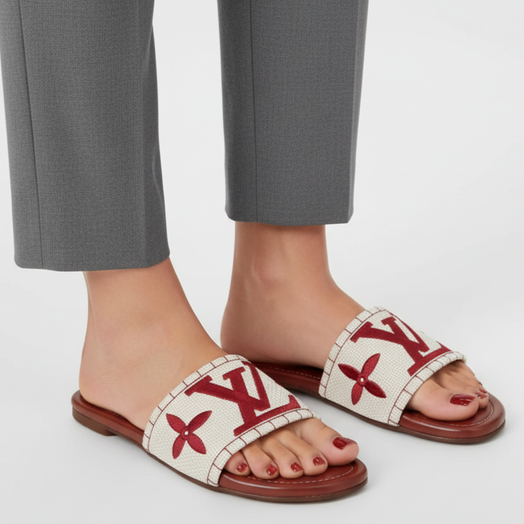 White sandals with red floral patterns worn with gray pants on a white background