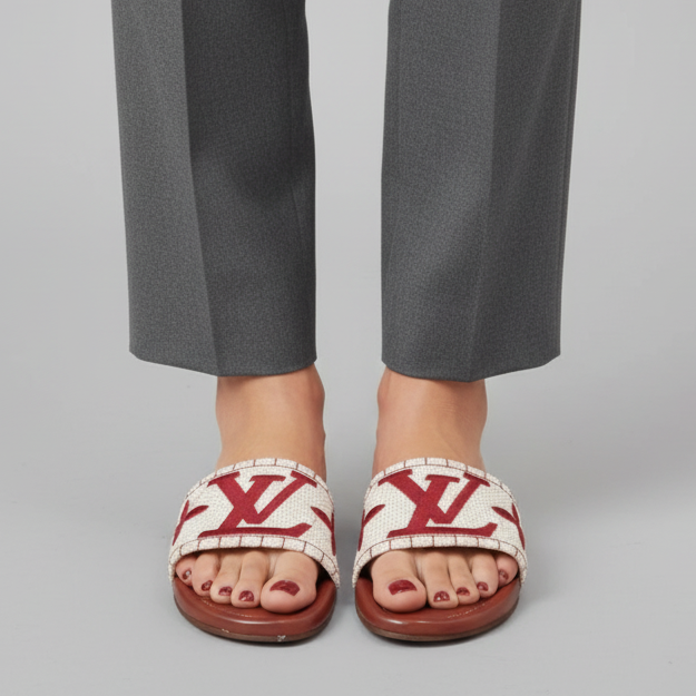 Person wearing gray pants and white sandals with red accents on a gray background