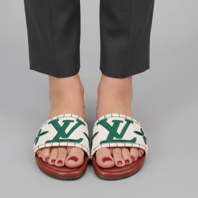 White sandals with green logo worn with black pants on a gray background