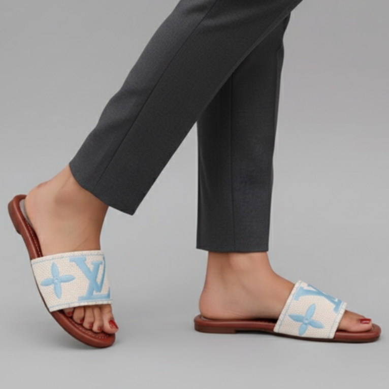 Person wearing brown sandals with white straps featuring blue logos, paired with dark gray pants on a gray background.