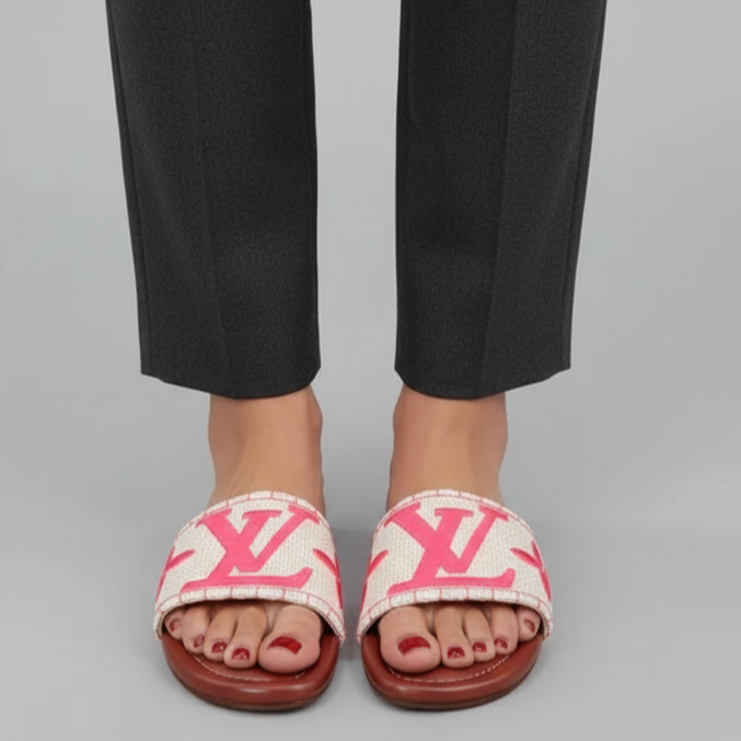 Person wearing black pants and pink slides with a logo on a gray background