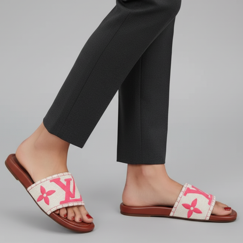 Person wearing white sandals with pink floral design and brown soles on a gray background