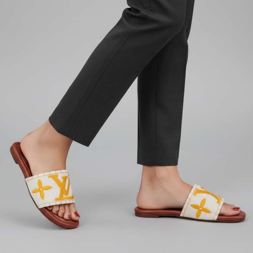 Person wearing black pants and sandals with yellow accents on a gray background