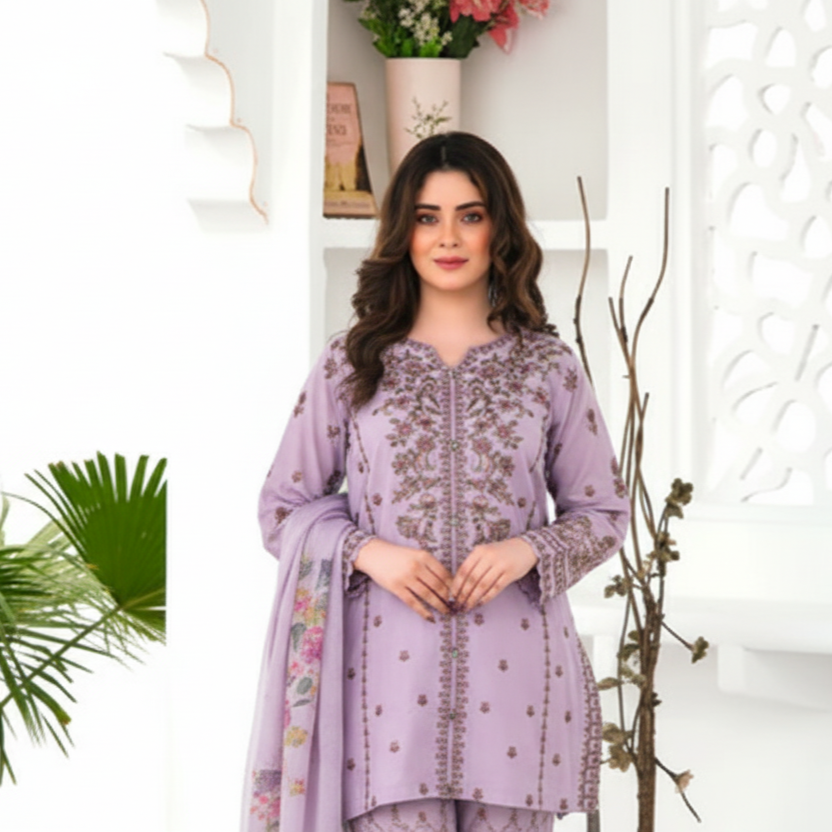 Woman wearing a purple embroidered outfit standing in a decorated room with plants and a shelf.