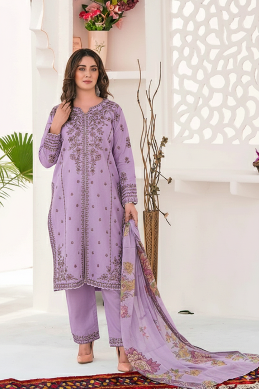 Woman wearing a lavender embroidered outfit with a matching dupatta in a bright room.