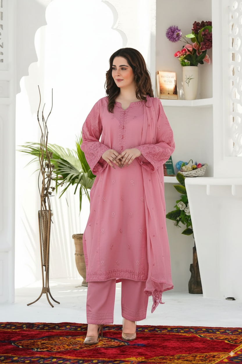 Woman in a pink traditional outfit standing in a decorated room with plants and flowers.