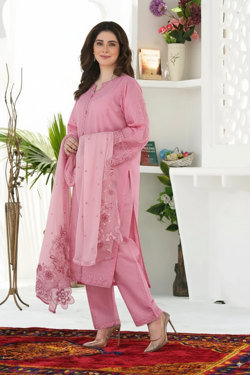 Woman in a pink traditional outfit standing in a decorated room with plants and a shelf.