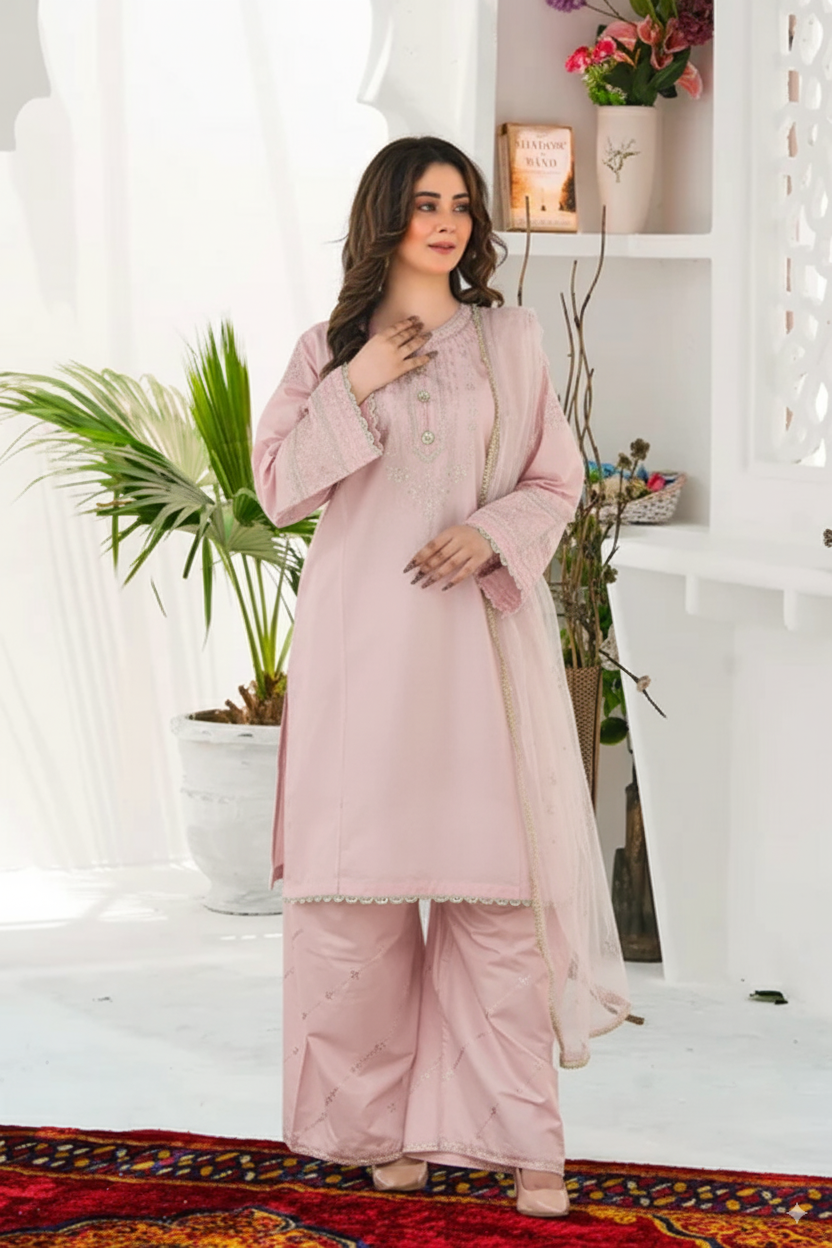 Woman in a light pink traditional outfit standing in a bright room with plants and a shelf.