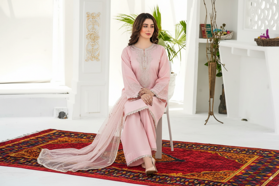 Woman in a pink traditional outfit sitting on a red patterned rug in a bright room.