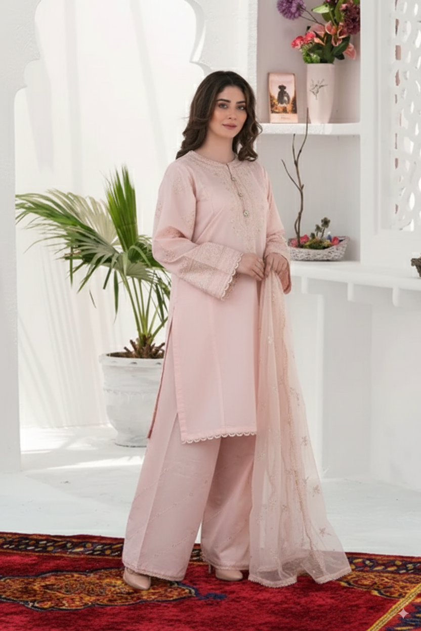 Woman in a light pink traditional outfit standing in a bright room with plants and decor.