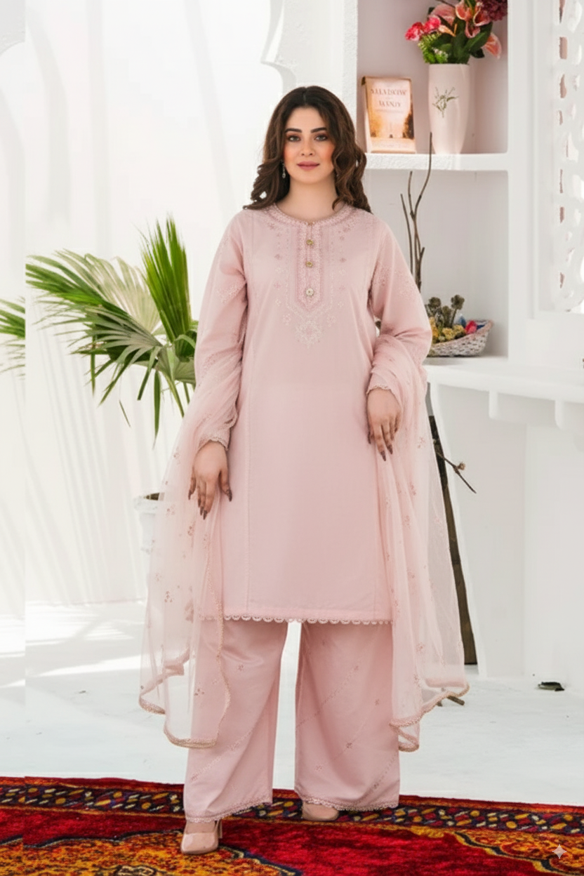 Woman wearing a light pink traditional outfit in a bright room with plants and decor.
