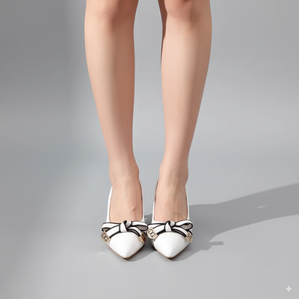 White shoes with black bows worn by a person on a gray background