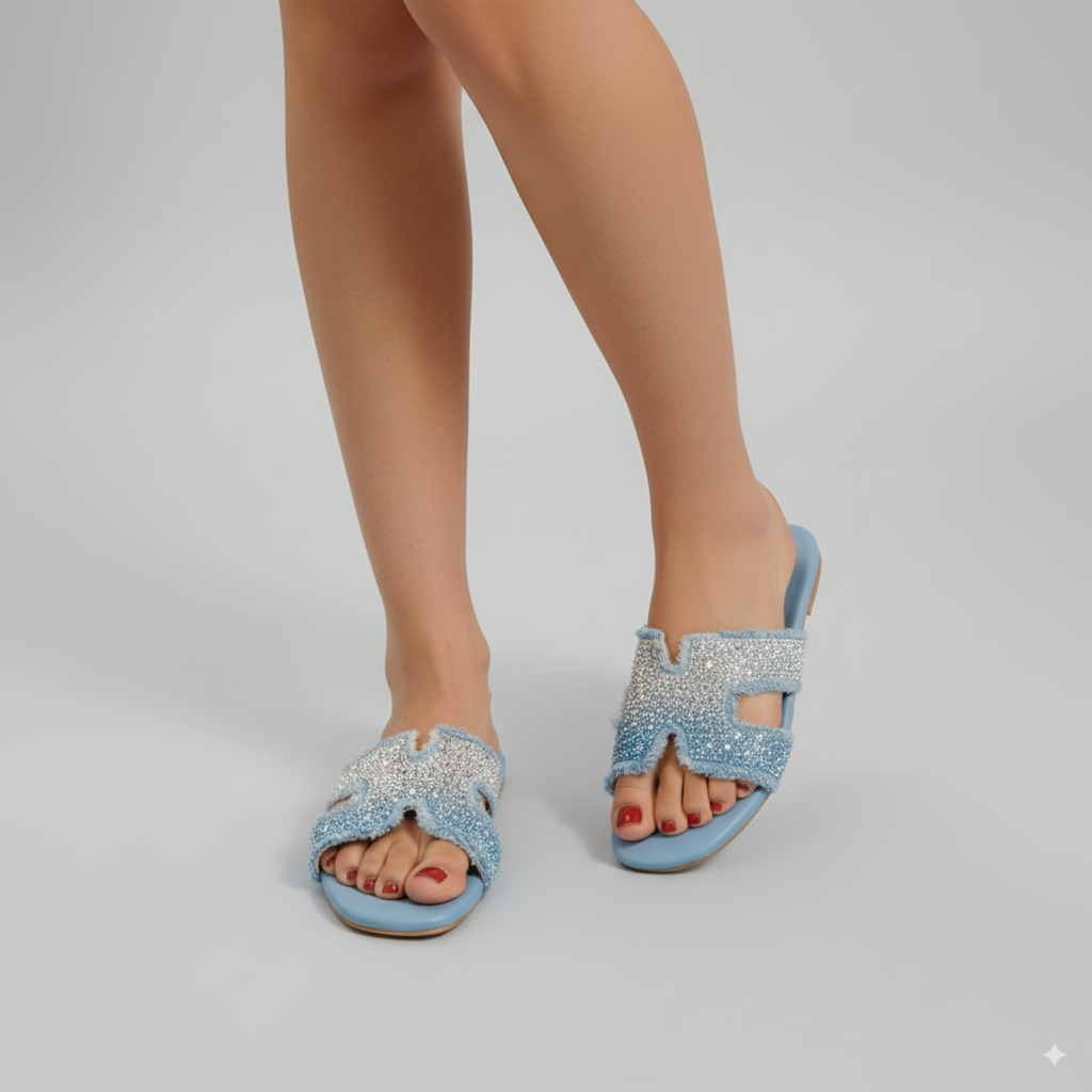 Blue sandals with rhinestone details worn by a person on a gray background