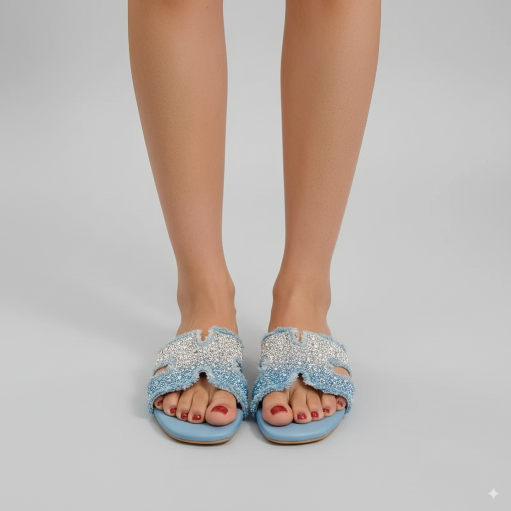 Blue sandals with rhinestone embellishments worn by a person on a gray background